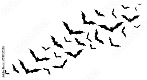 A Swarm of Bats in Flight, Black Silhouette Halloween Icon or Illustration, Graphic Element