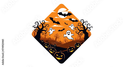 Whimsical Halloween night illustration cheerful ghosts, glowing jack-o'-lanterns, and bats flying over a spooky haunted landscape under an orange moon