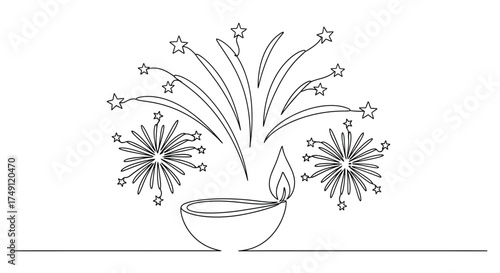 Stylized line art illustration of bursting fireworks exploding in a simple pot on a white background