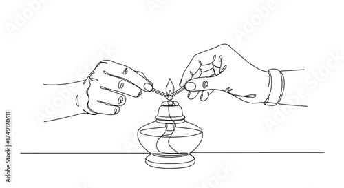 Close up sketch of two hands holding tweezers and a plant sprout over a laboratory bunsen burner flame for scientific experiment