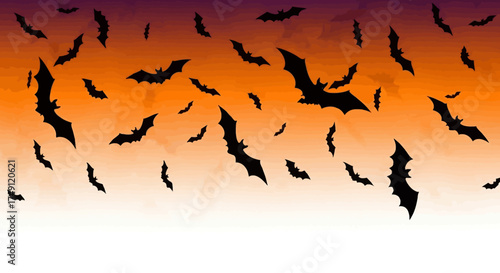 A creepy flock of nocturnal bats soaring through a vibrant orange and purple twilight sky for a spooky seasonal design