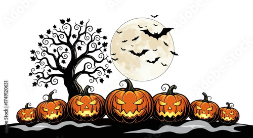 Spooky Halloween Scene Pumpkins, Bats, and Full Moon Under a Creepy Tree
