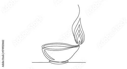 Minimalist continuous line drawing of a steaming cup of coffee or tea with abstract smoke rising upwards