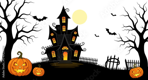 Spooky Halloween Scene A Dark Haunted House with Pumpkins and Bats Under a Full Moon