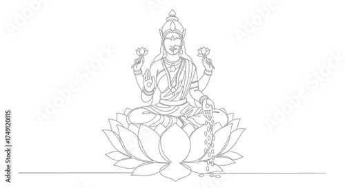 Elegant black and white sketch of the hindu goddess lakshmi seated on a lotus flower in a meditative pose