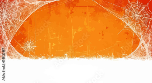 Halloween Spooky Orange Textured Background with Spiderwebs and Moon Shape