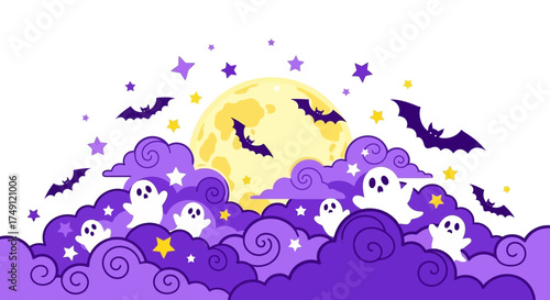 Spooky Halloween Night Ghosts, Bats, Stars, Clouds, and a Glowing Full Moon in Purple Hues