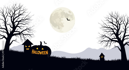 Spooky Halloween Landscape Silhouette of Houses, Trees, and a Glowing Pumpkin Under a Full Moon