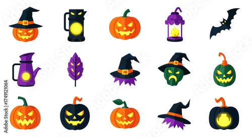 Halloween Cartoon Icon Set Pumpkins, Witch Hats, Lanterns, and Spooky Decorations
