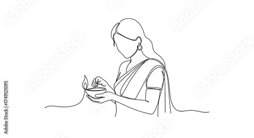 Elegant line drawing of a woman in traditional indian sari holding a small bowl with delicate hands