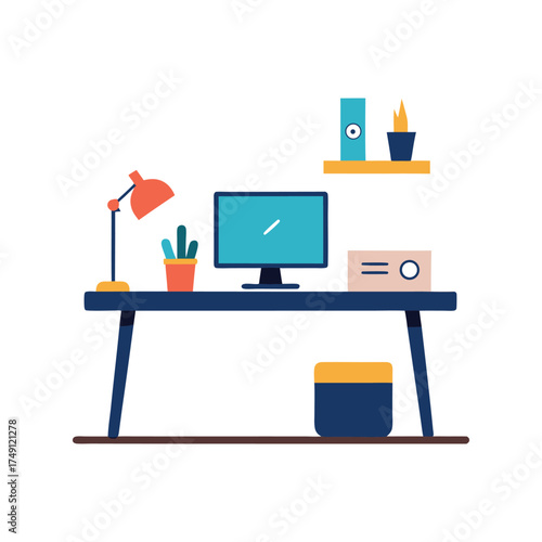 Flat design illustration of a minimalist desk with computer and potted plants Keywords: desk, office, computer, lamp, cactus, plant, pot