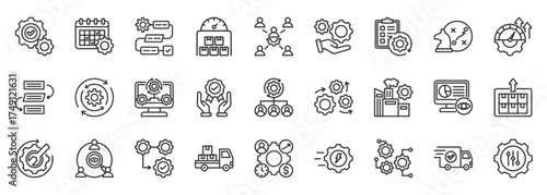 operation management icon set collection in outline style. icon pack contain process, planning, control, strategy, workflow, efficiency, schedule, coordination, monitoring, execution