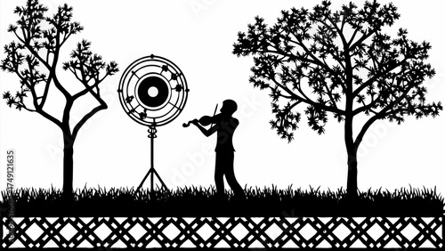 Enchanting silhouette of violinist performing outdoors with vintage microphone and trees, evoking artistic passion
