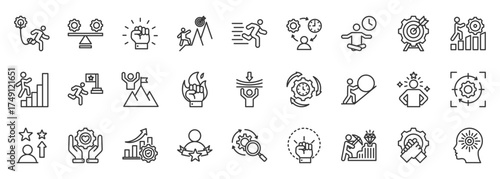 perseverance icon set collection in outline style. icon pack contain determination, resilience, endurance, persistence, courage, focus, dedication, discipline, achievement, commitment