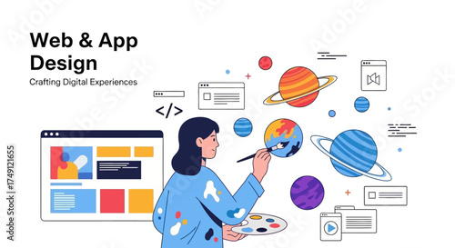 A woman paints planets in a vector illustration promoting Web and App Design, white background
