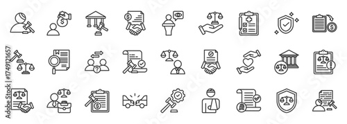 personal injury law icon set collection in outline style. icon pack contain claim, compensation, lawsuit, evidence, settlement, verdict, consent, justice, ruling, empathy