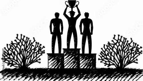 Triumphant team celebrates victory, hoisting trophy on winner podium, symbolic success achievement landscape