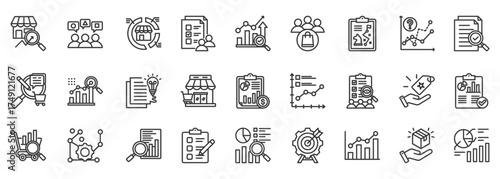 market research icon set collection in outline style. icon pack contain analysis, survey, insight, trends, data, consumer, report, research, metrics, chart
