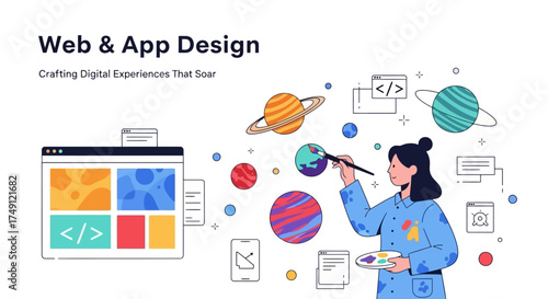 A woman paints planets in a vector illustration promoting Web and App Design, white background