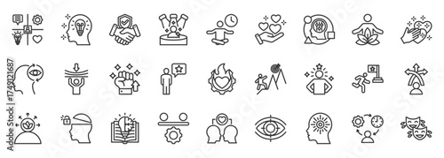 personality icon set collection in outline style. icon pack contain charisma, confidence, kindness, honesty, courage, patience, creativity, adaptability, humor, optimism