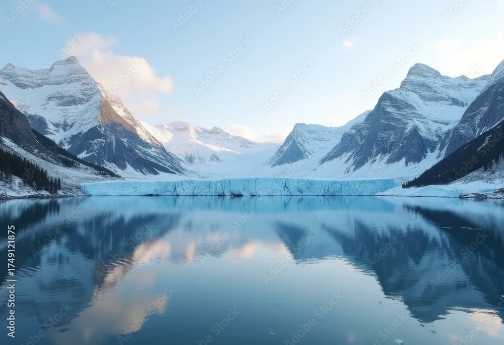 Fototapeta premium Majestic Reflection of Snow-Capped Ranges in Crystal-Clear Lake Surface Enhancing Scene Vitality