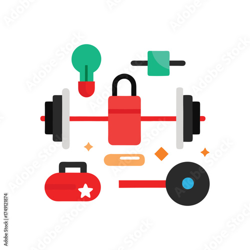 Gym equipment and accessories flat illustration with white background Keywords: gym, fitness, workout, exercise, health, lifestyle, strength