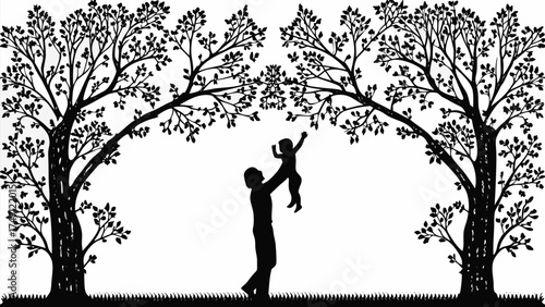 Silhouette of father joyfully lifting child beneath a canopy of trees, creating a memorable family moment
