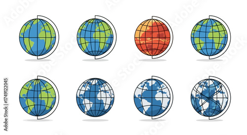Set of World Globe Icons with Meridians and Parallels in Flat Vector Style, white background