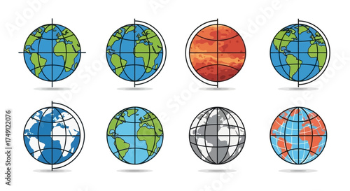 Set of World Globe Icons with Meridians and Parallels in Flat Vector Style, white background