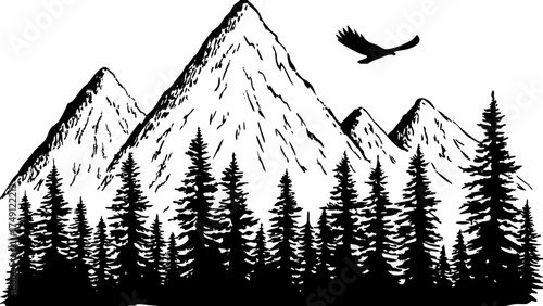 Majestic mountain peaks rise above evergreen forest as eagle soars, invoking nature's beauty