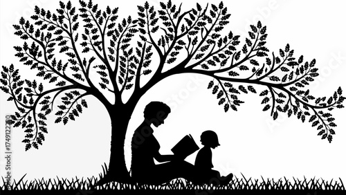 Serene silhouette of mother and child reading under leafy tree, a timeless moment of learning and love