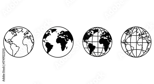 Four globe icons in simple black and white vector format, white background