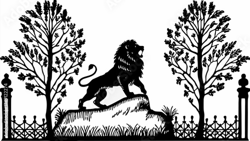Majestic lion roaring atop a hill, silhouetted by trees, creating a bold and dramatic focal point