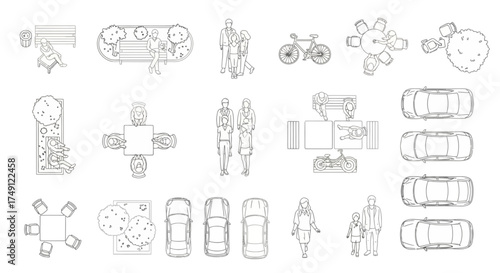 Top view outline illustrations of people and objects, suitable for architectural drawings and design projects, white background