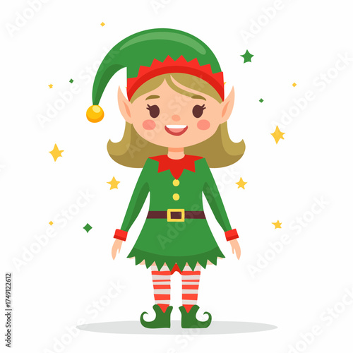 Cute female Christmas elf character in green costume. Festive illustration perfect for holiday cards, stickers, decorations, and winter events.