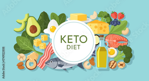 Keto Diet Vector Illustration Featuring Healthy Foods in a Light Blue Background, white background
