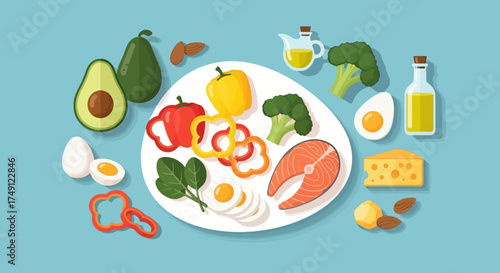 Keto Diet Vector Illustration Featuring Healthy Foods in a Light Blue Background, white background