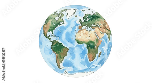 Watercolor illustration of planet Earth, showing continents and oceans, white background