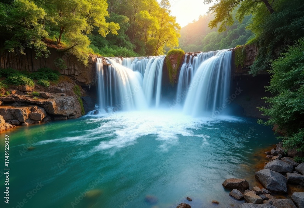 Obraz premium Majestic Waterfall Splashing into Serene Water Basin with Lush Green Surroundings and Sparkling Reflections