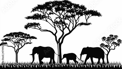 Majestic African elephants walking across the savanna under the shade of acacia trees silhouette