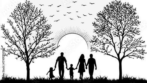 Loving family silhouette walking together at sunset, creating lasting memories in nature