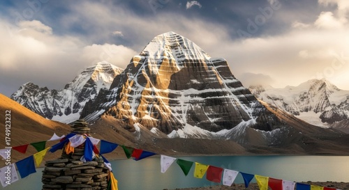 Holy Mount Kailash Prayer Flags Serene Himalayan Landscape