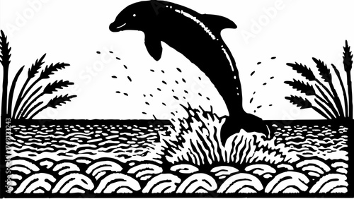 Joyful dolphin leaping from the ocean waves in silhouette art, a stunning symbol of marine life