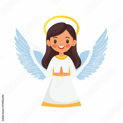 Sweet smiling angel girl with white wings and halo in a prayer pose. Lovely Christmas and holiday illustration symbolizing peace, faith, and joy.