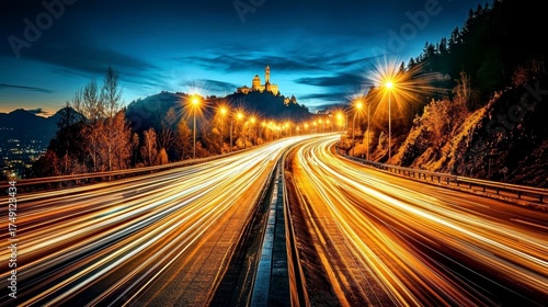 Nighttime traffic flow near historic castle slovenia urban landscape photography city lights long exposure