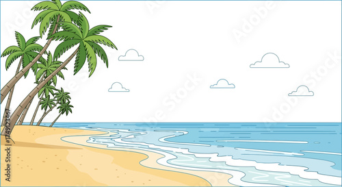 Vector illustration of a tropical beach with palm trees and ocean waves, white background