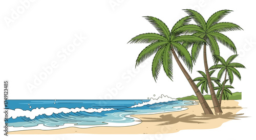 Vector illustration of a tropical beach with palm trees and ocean waves, white background