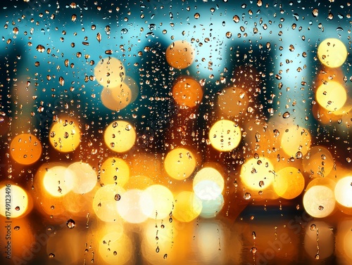 Rainy city lights reflected on window urban skyline photograph evening close-up serenity