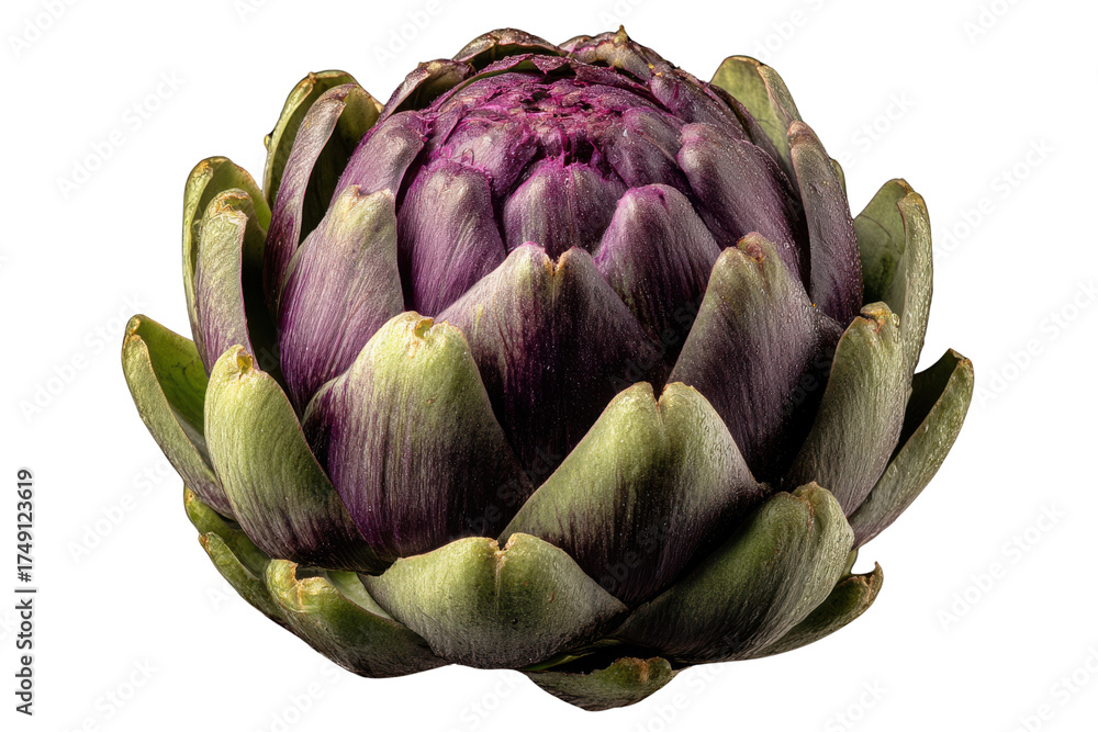 Obraz premium Close up of a vibrant purple artichoke with green leaves against a black background vegetable food, Isolated On Transparent Background, Png Cut Out