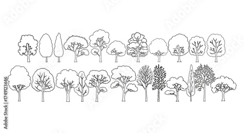 Vector illustration showing a variety of tree line art styles for architectural drawings and landscape design, white background